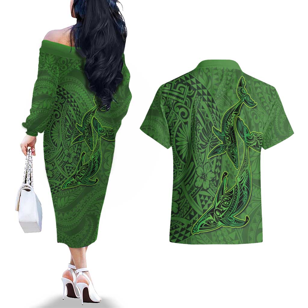 Hawaiian Whales Polynesian Art Motifs Couples Matching Off The Shoulder Long Sleeve Dress and Hawaiian Shirt Green Color - Polynesian Pride