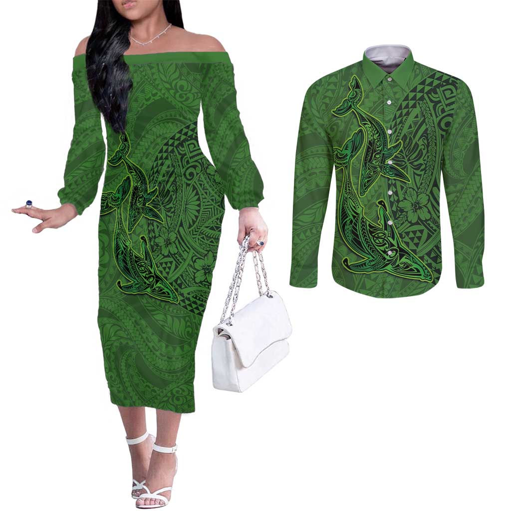 Hawaiian Whales Polynesian Art Motifs Couples Matching Off The Shoulder Long Sleeve Dress and Long Sleeve Button Shirt Green Color - Polynesian Pride
