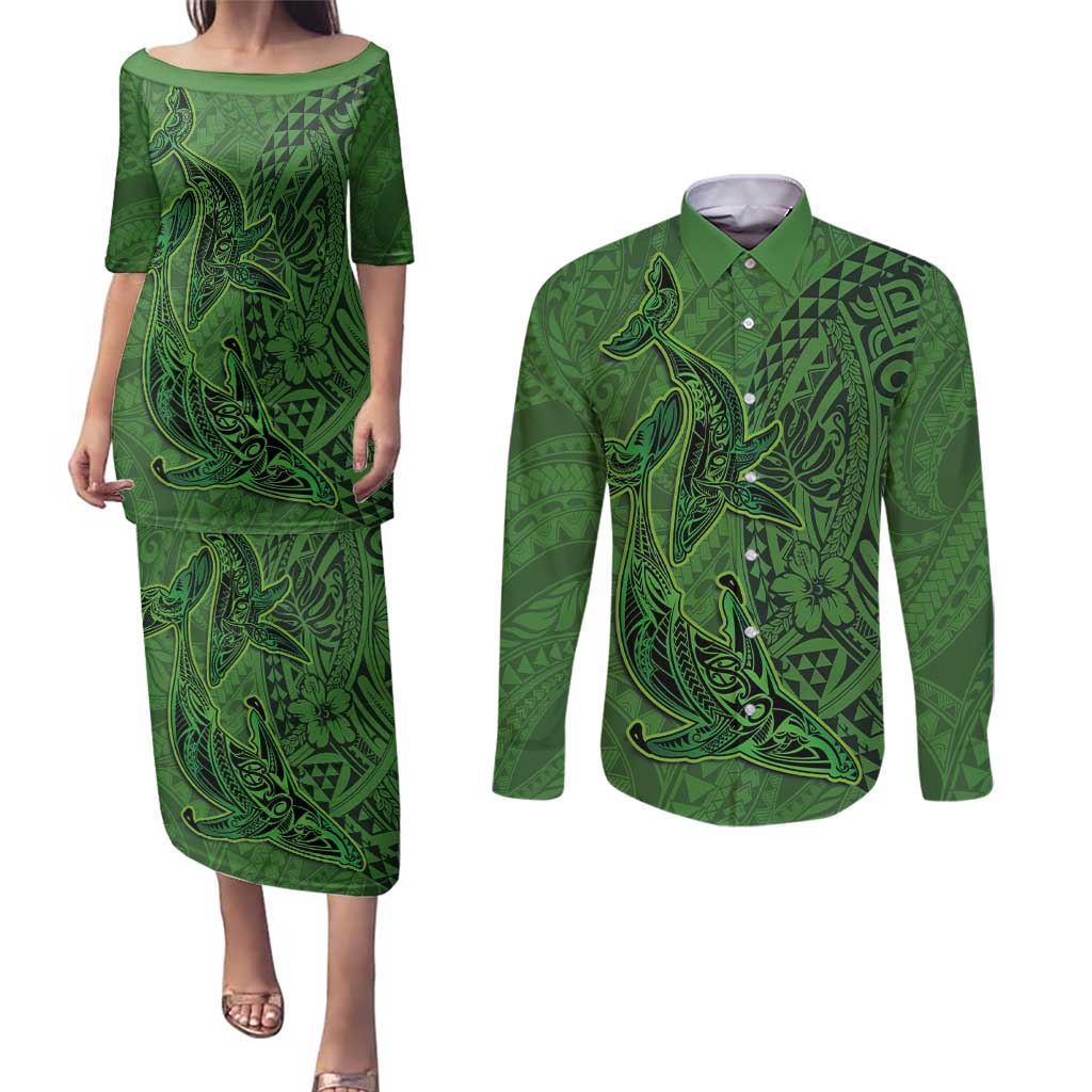 Hawaiian Whales Polynesian Art Motifs Couples Matching Puletasi and Long Sleeve Button Shirt Green Color - Polynesian Pride
