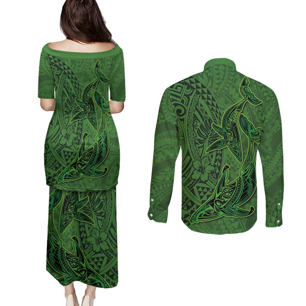 Hawaiian Whales Polynesian Art Motifs Couples Matching Puletasi and Long Sleeve Button Shirt Green Color - Polynesian Pride