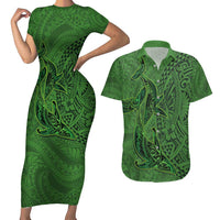 Hawaiian Whales Polynesian Art Motifs Couples Matching Short Sleeve Bodycon Dress and Hawaiian Shirt Green Color LT03 Green - Polynesian Pride