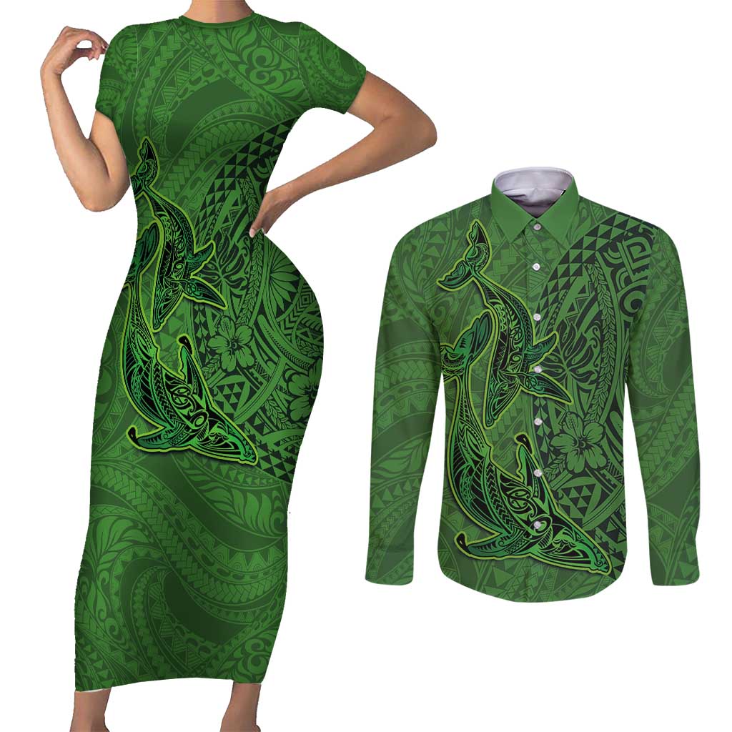 Hawaiian Whales Polynesian Art Motifs Couples Matching Short Sleeve Bodycon Dress and Long Sleeve Button Shirt Green Color LT03 Green - Polynesian Pride