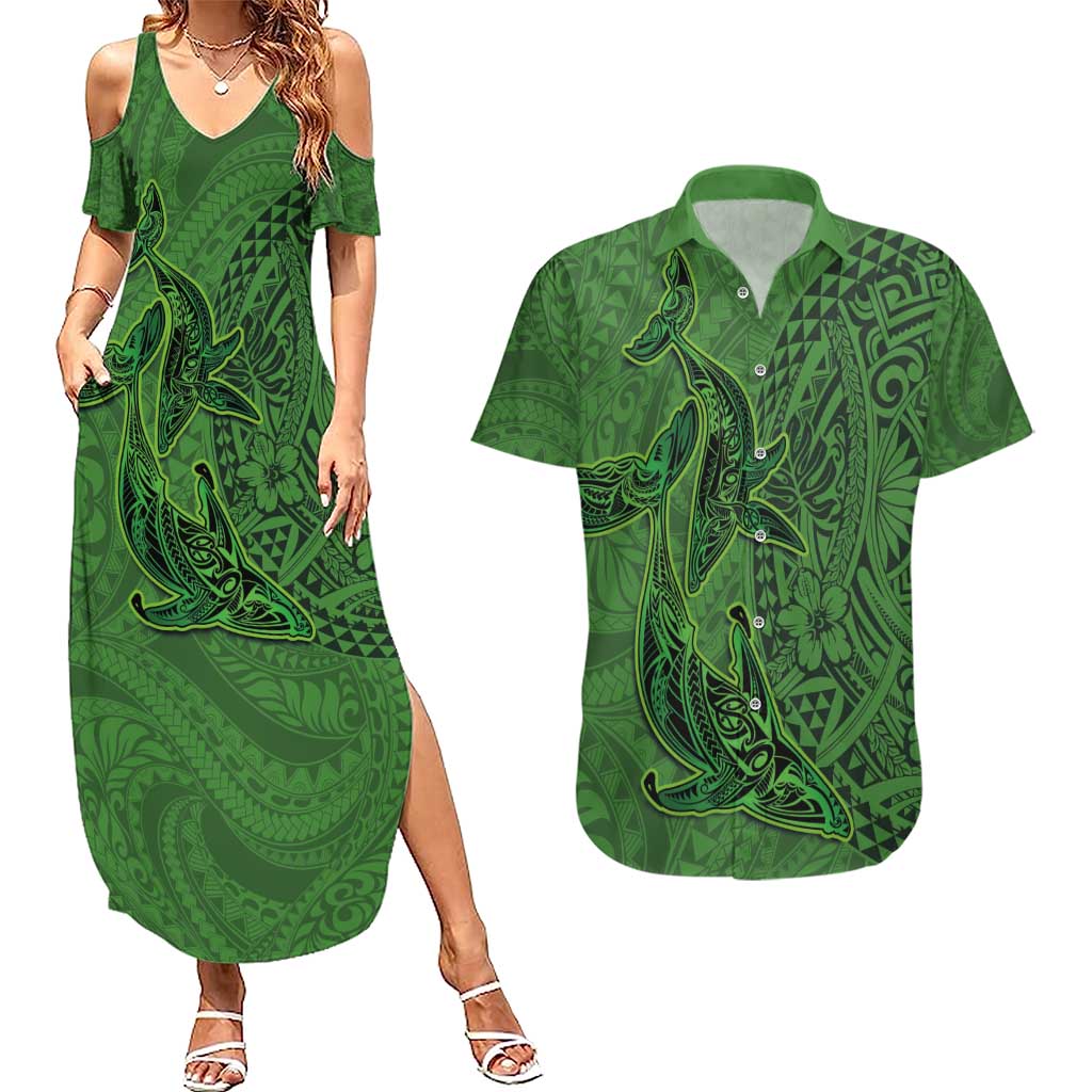Hawaiian Whales Polynesian Art Motifs Couples Matching Summer Maxi Dress and Hawaiian Shirt Green Color LT03 Green - Polynesian Pride