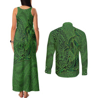 Hawaiian Whales Polynesian Art Motifs Couples Matching Tank Maxi Dress and Long Sleeve Button Shirt Green Color LT03 - Polynesian Pride