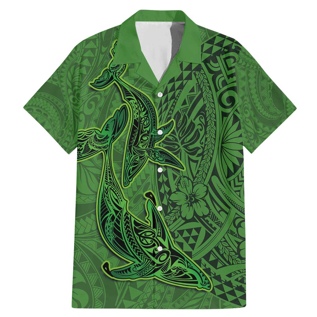 Hawaiian Whales Polynesian Art Motifs Family Matching Mermaid Dress and Hawaiian Shirt Green Color - Polynesian Pride