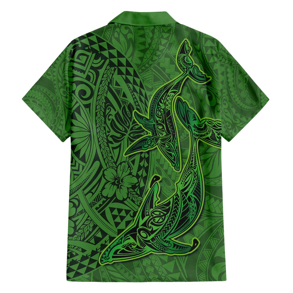 Hawaiian Whales Polynesian Art Motifs Family Matching Off The Shoulder Long Sleeve Dress and Hawaiian Shirt Green Color - Polynesian Pride
