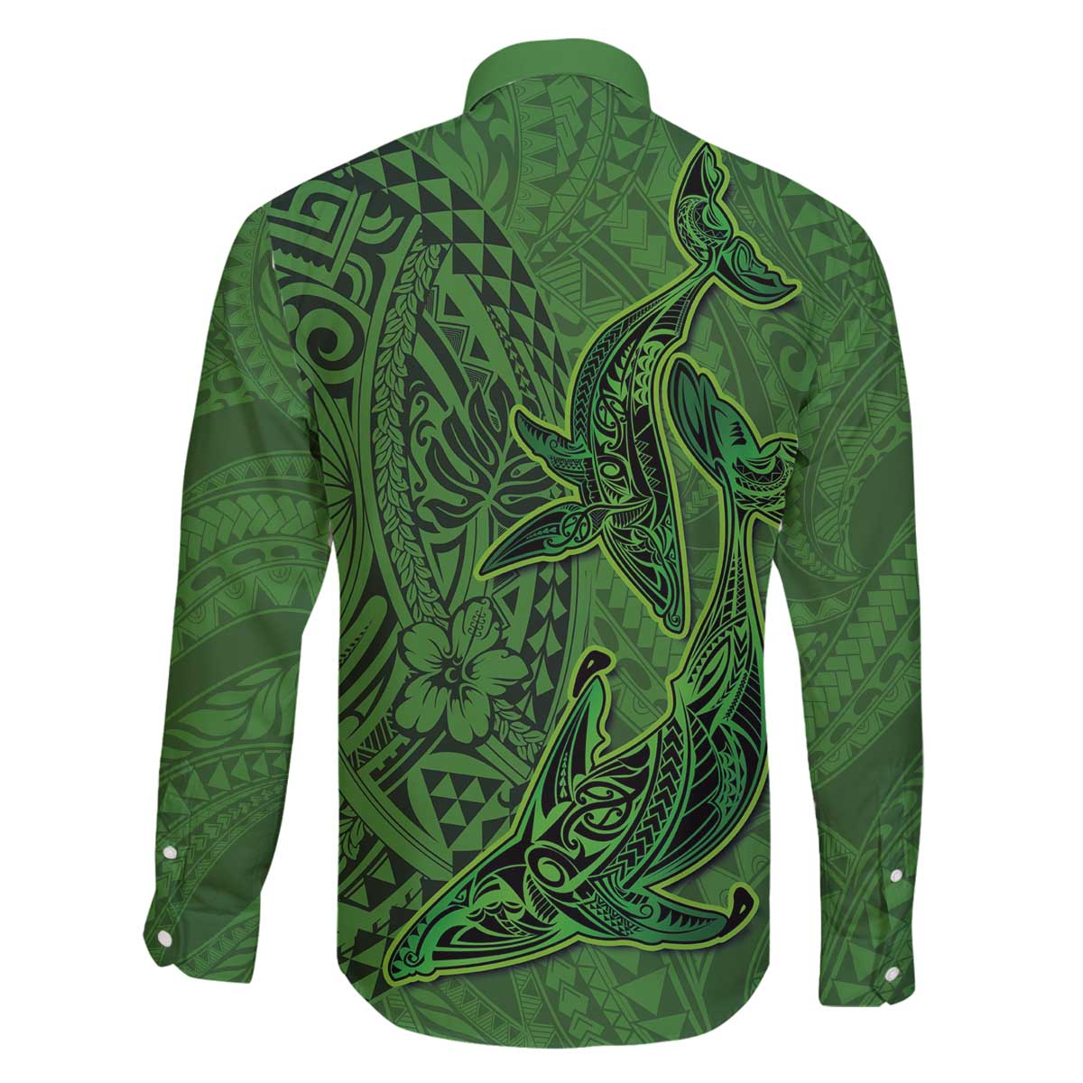 Hawaiian Whales Polynesian Art Motifs Family Matching Off The Shoulder Long Sleeve Dress and Hawaiian Shirt Green Color - Polynesian Pride