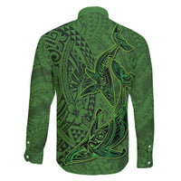 Hawaiian Whales Polynesian Art Motifs Family Matching Off The Shoulder Long Sleeve Dress and Hawaiian Shirt Green Color - Polynesian Pride