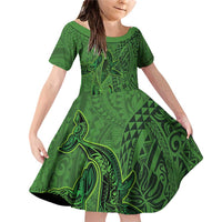 Hawaiian Whales Polynesian Art Motifs Family Matching Off Shoulder Short Dress and Hawaiian Shirt Green Color - Polynesian Pride