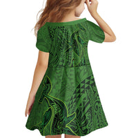 Hawaiian Whales Polynesian Art Motifs Family Matching Off Shoulder Short Dress and Hawaiian Shirt Green Color - Polynesian Pride