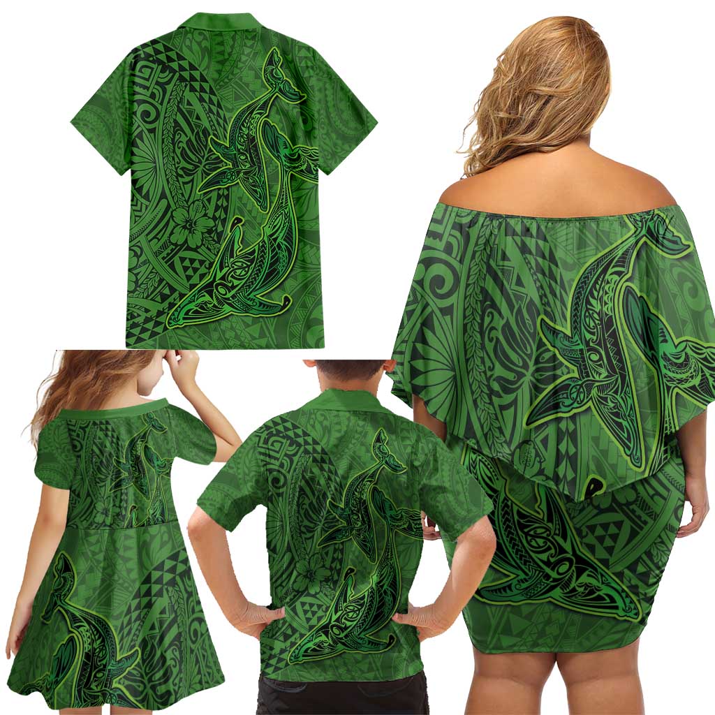 Hawaiian Whales Polynesian Art Motifs Family Matching Off Shoulder Short Dress and Hawaiian Shirt Green Color - Polynesian Pride