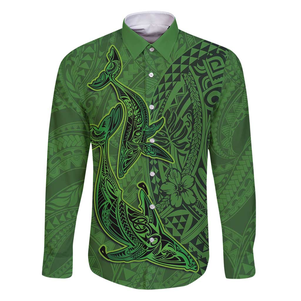 Hawaiian Whales Polynesian Art Motifs Family Matching Puletasi and Hawaiian Shirt Green Color - Polynesian Pride