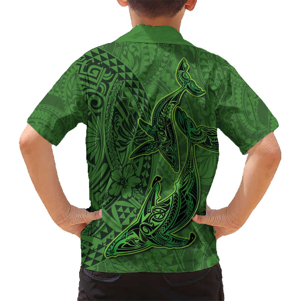 Hawaiian Whales Polynesian Art Motifs Family Matching Short Sleeve Bodycon Dress and Hawaiian Shirt Green Color - Polynesian Pride