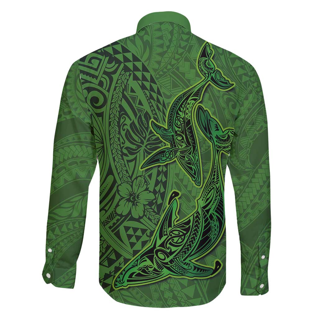 Hawaiian Whales Polynesian Art Motifs Family Matching Short Sleeve Bodycon Dress and Hawaiian Shirt Green Color - Polynesian Pride