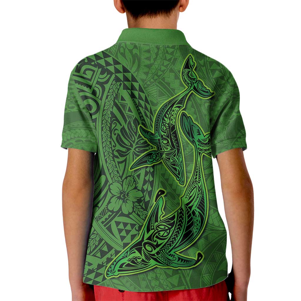 Hawaiian Whales Polynesian Art Motifs Kid Polo Shirt Green Color - Polynesian Pride