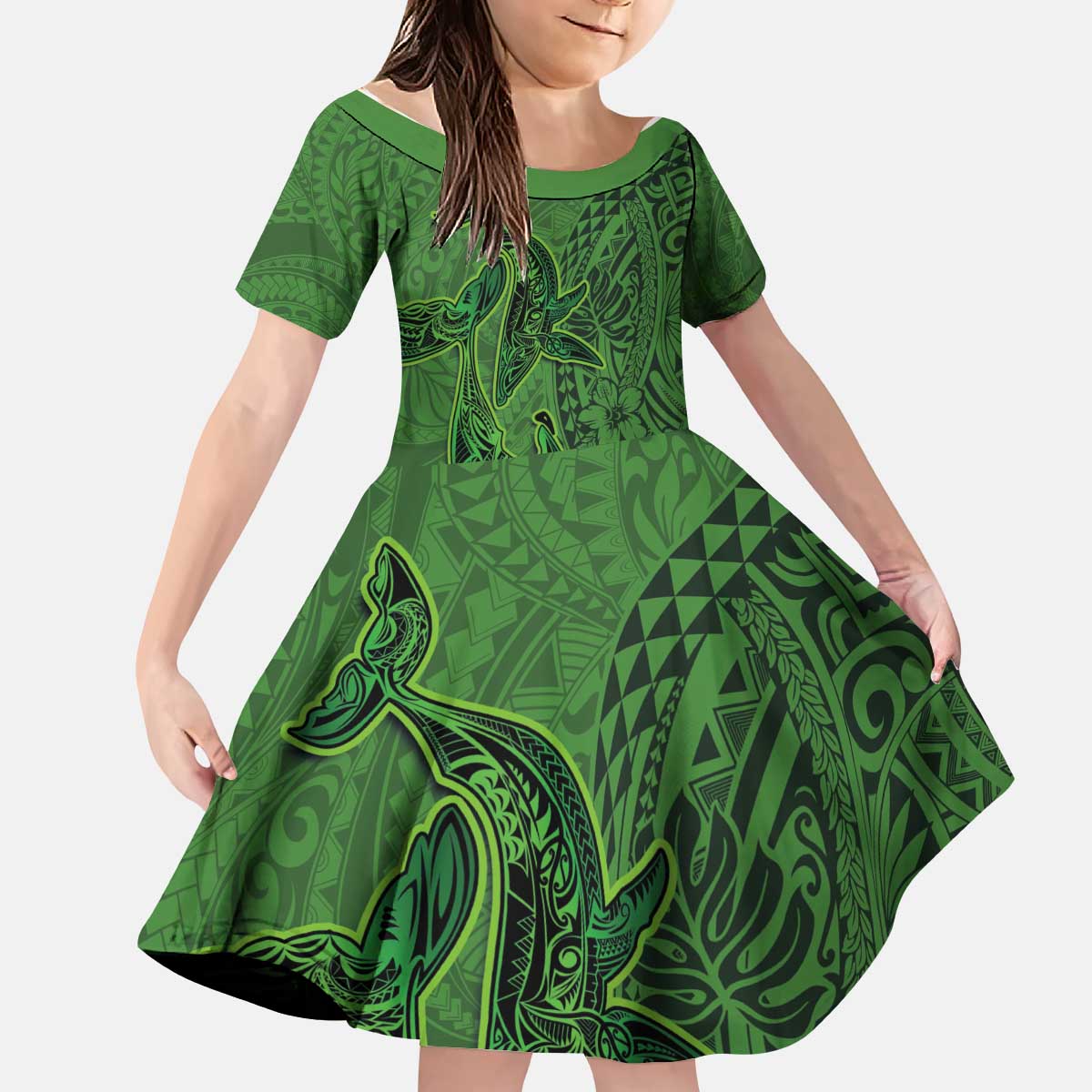 Hawaiian Whales Polynesian Art Motifs Kid Short Sleeve Dress Green Color - Polynesian Pride