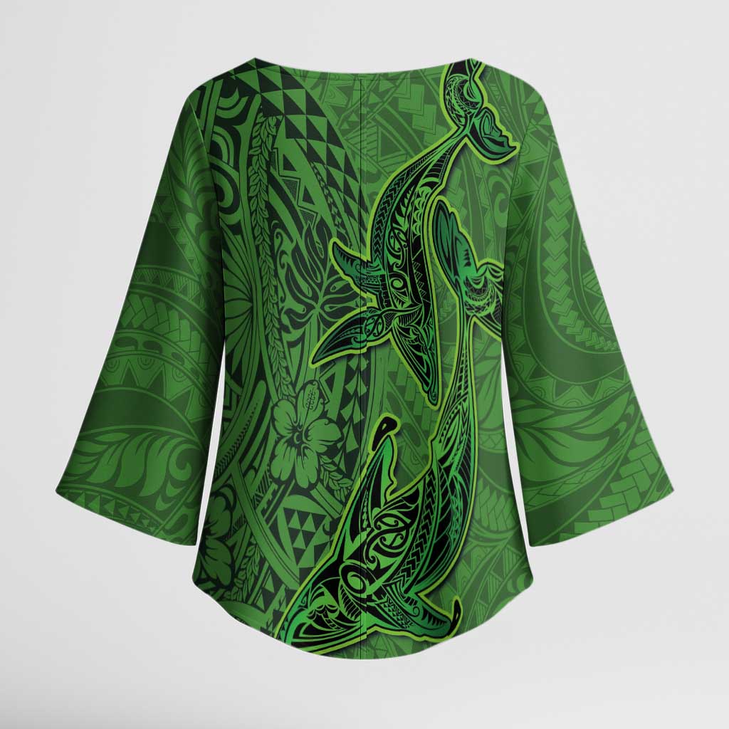 Hawaiian Whales Polynesian Art Motifs Kimono Sleeve Blouse Green Color - Polynesian Pride