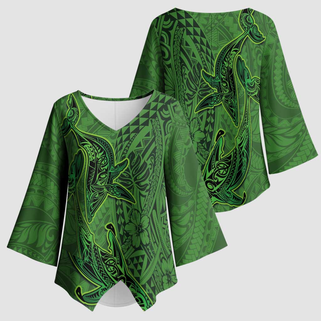 Hawaiian Whales Polynesian Art Motifs Kimono Sleeve Blouse Green Color - Polynesian Pride
