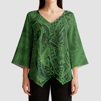 Hawaiian Whales Polynesian Art Motifs Kimono Sleeve Blouse Green Color - Polynesian Pride