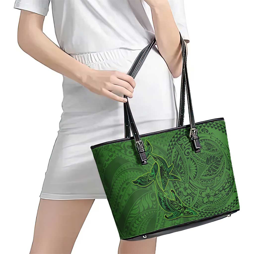 Hawaiian Whales Polynesian Art Motifs Leather Tote Bag Green Color - Polynesian Pride