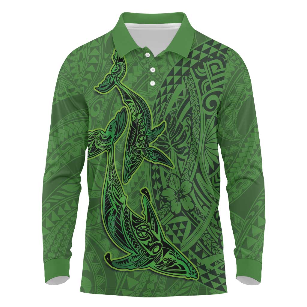 Hawaiian Whales Polynesian Art Motifs Long Sleeve Polo Shirt Green Color - Polynesian Pride