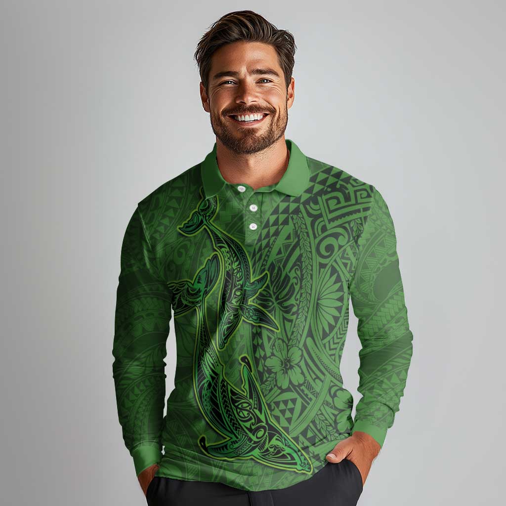 Hawaiian Whales Polynesian Art Motifs Long Sleeve Polo Shirt Green Color - Polynesian Pride