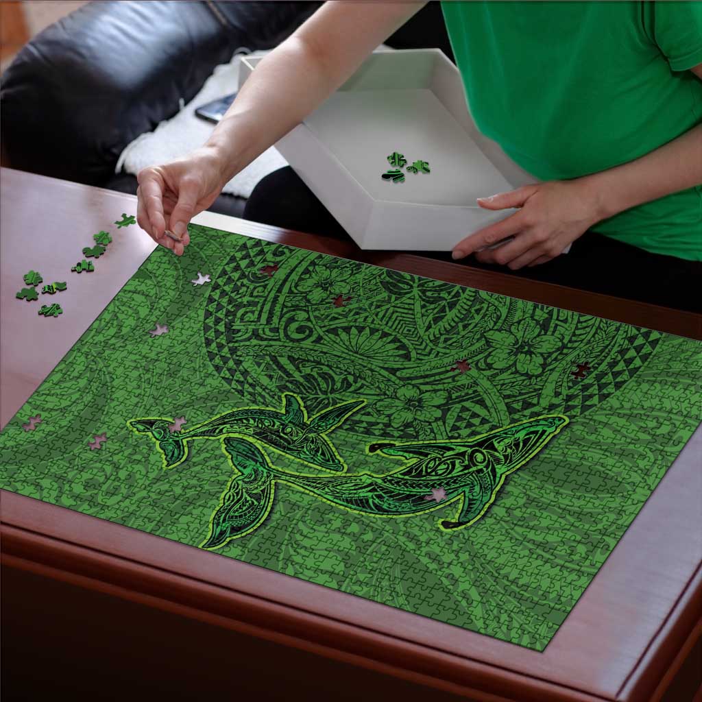 Hawaiian Whales Polynesian Art Motifs Puzzle Green Color - Polynesian Pride