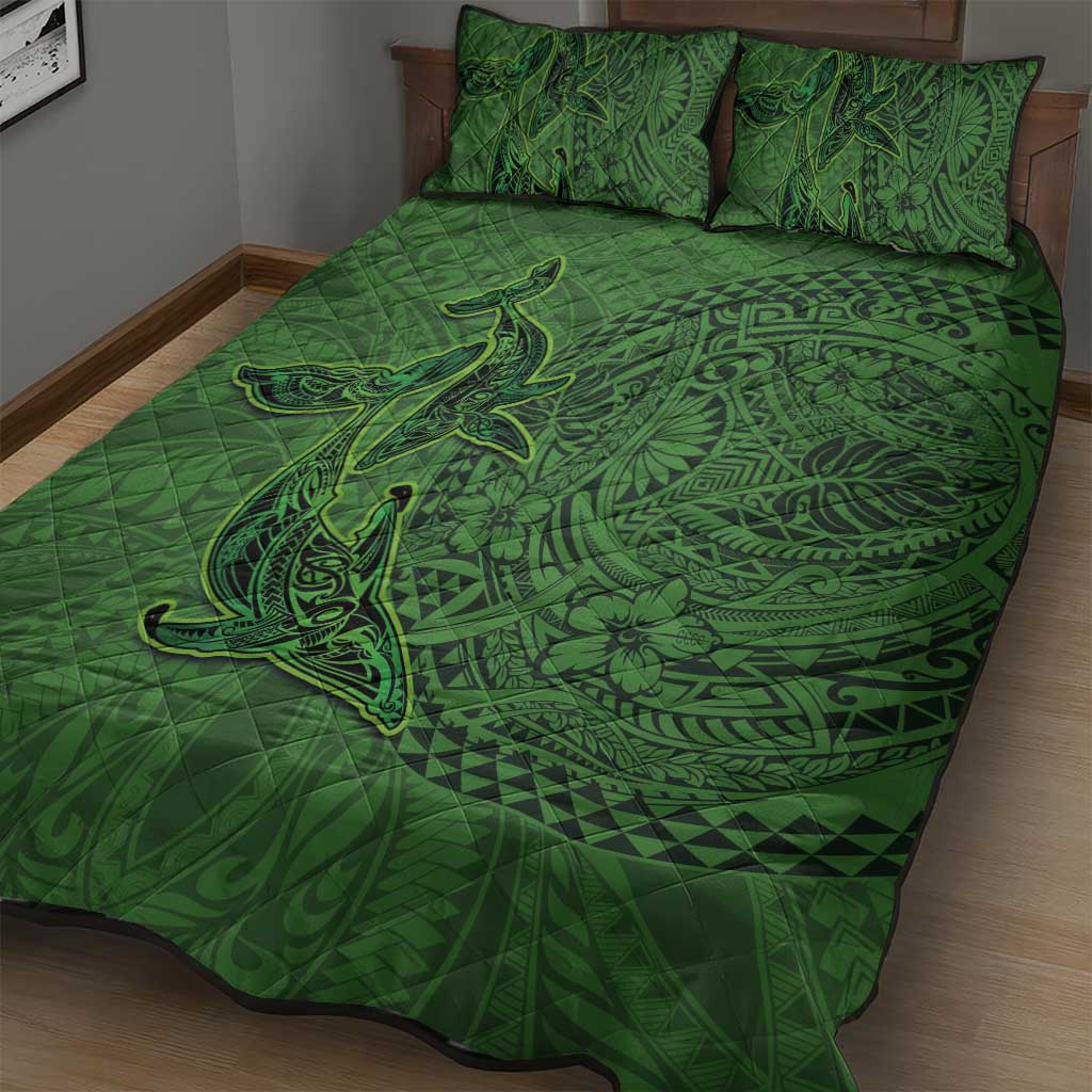 Hawaiian Whales Polynesian Art Motifs Quilt Bed Set Green Color - Polynesian Pride
