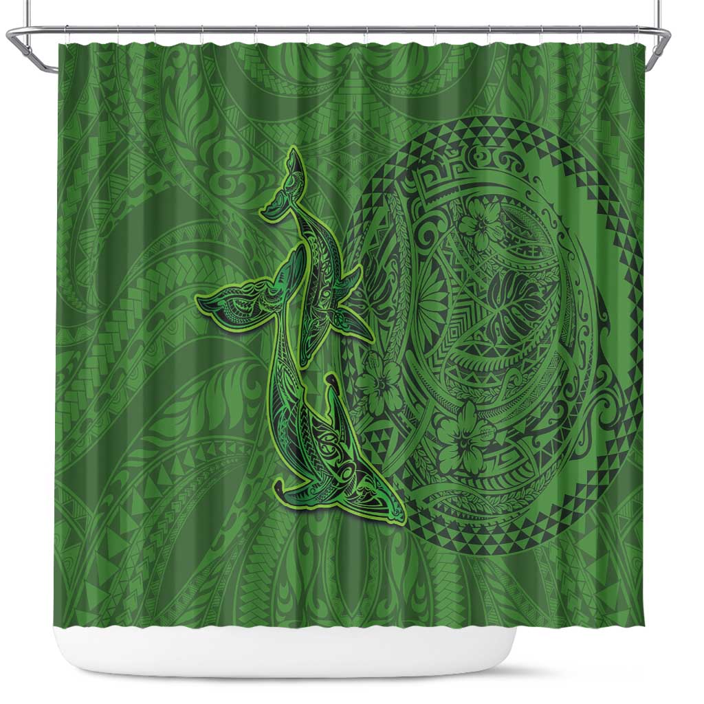 Hawaiian Whales Polynesian Art Motifs Shower Curtain Green Color - Polynesian Pride