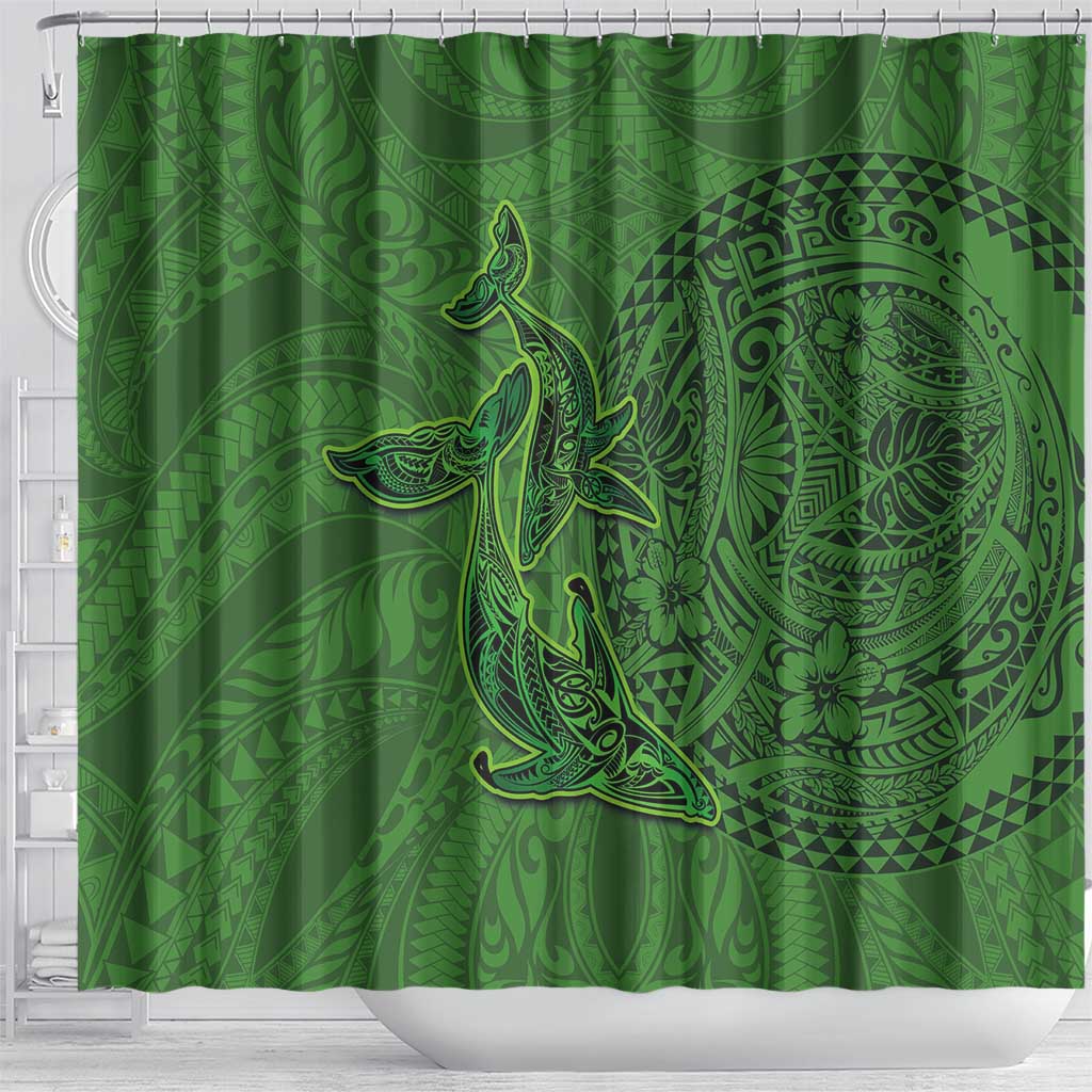 Hawaiian Whales Polynesian Art Motifs Shower Curtain Green Color - Polynesian Pride