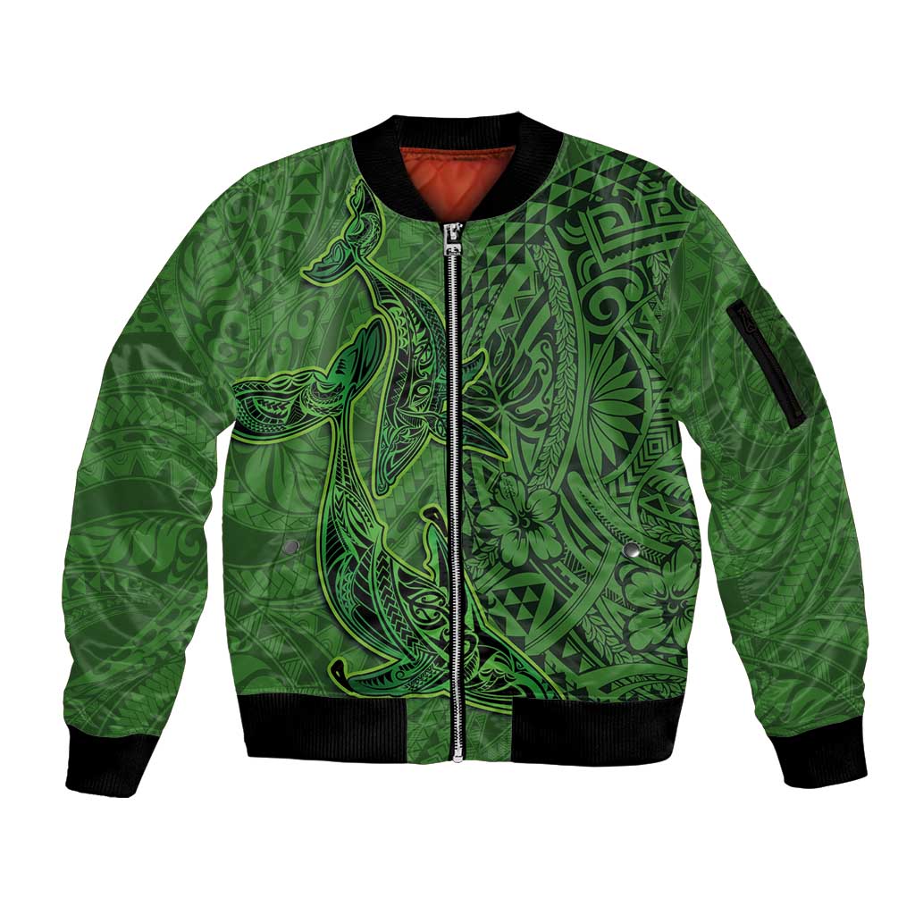 Hawaiian Whales Polynesian Art Motifs Sleeve Zip Bomber Jacket Green Color - Polynesian Pride