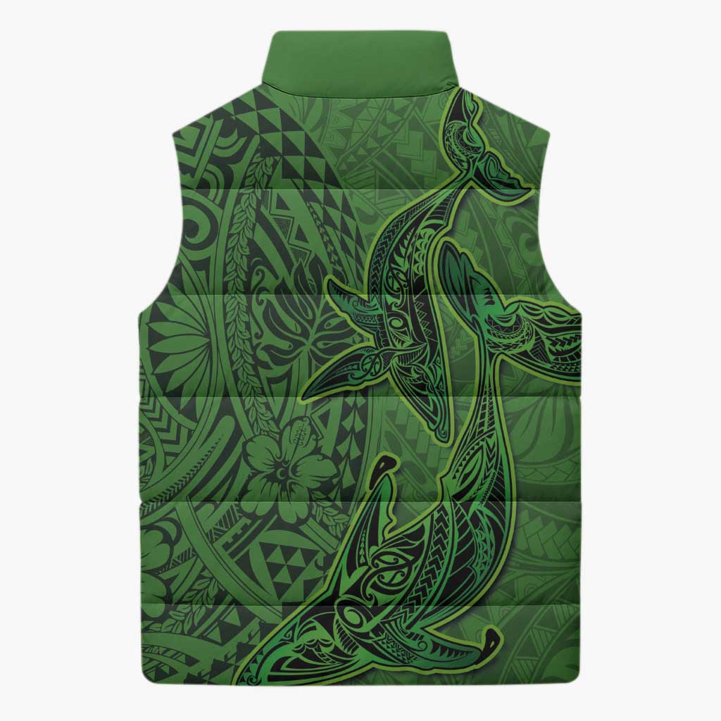 Hawaiian Whales Polynesian Art Motifs Sleeveless Puffer Jacket Green Color - Polynesian Pride