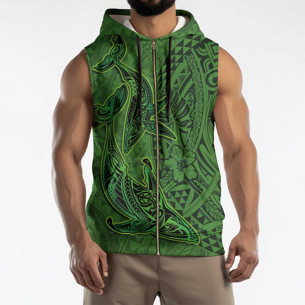Hawaiian Whales Polynesian Art Motifs Sleeveless Zip Hoodie Green Color - Polynesian Pride