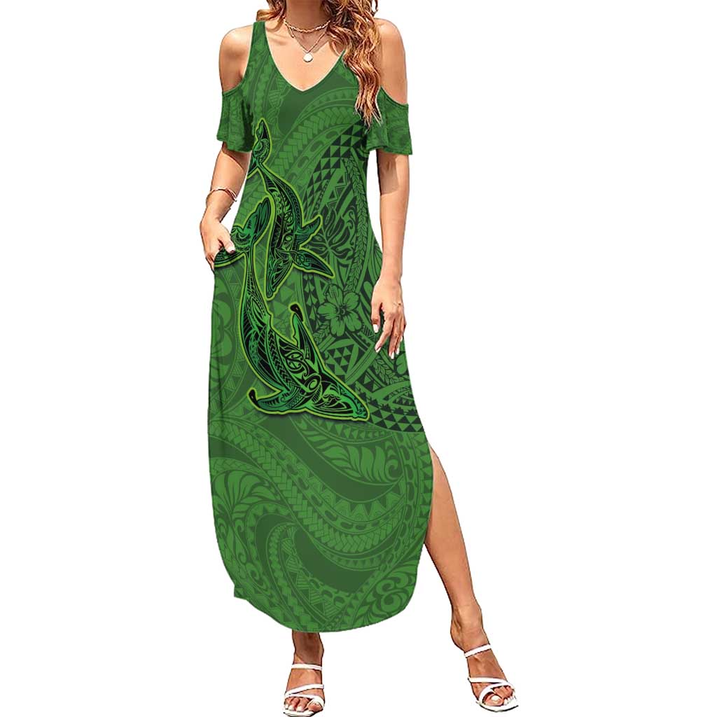 Hawaiian Whales Polynesian Art Motifs Summer Maxi Dress Green Color - Polynesian Pride