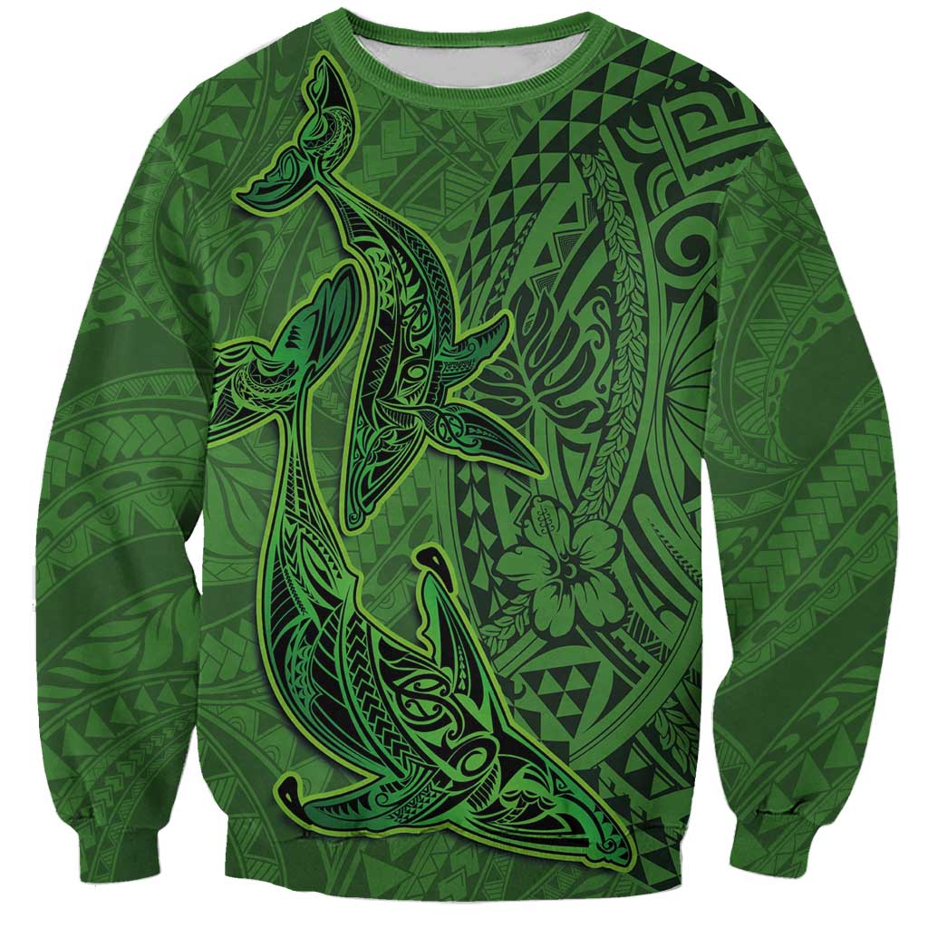 Hawaiian Whales Polynesian Art Motifs Sweatshirt Green Color - Polynesian Pride
