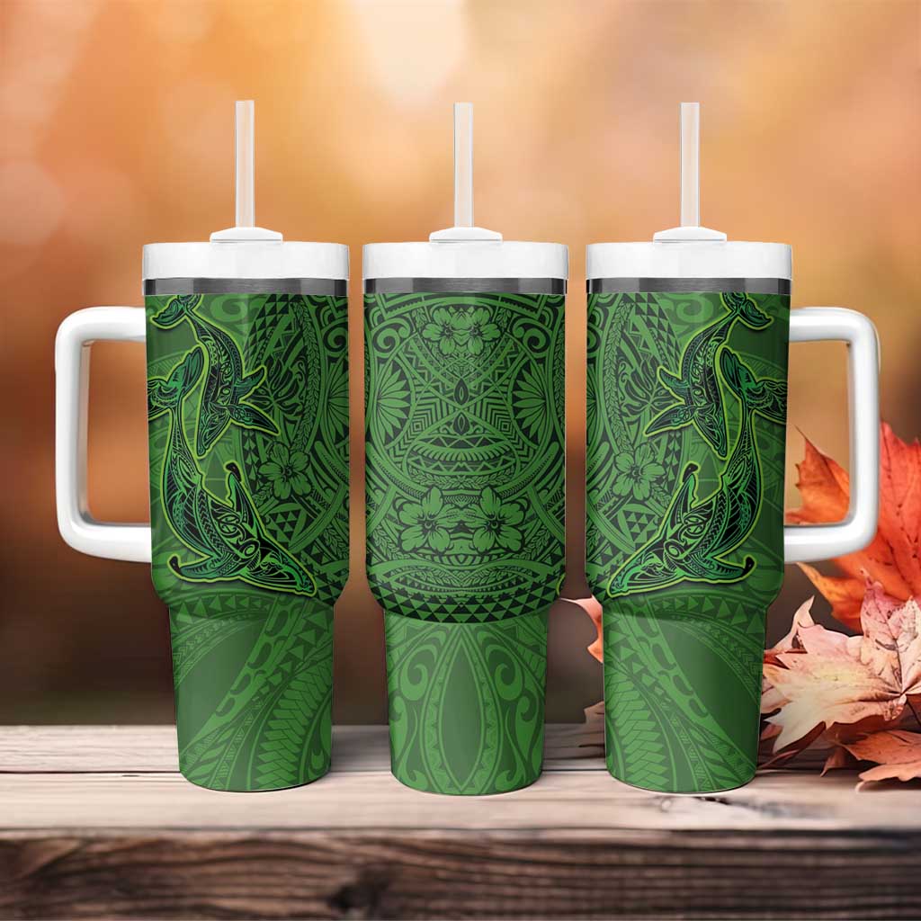 Hawaiian Whales Polynesian Art Motifs Tumbler With Handle Green Color - Polynesian Pride