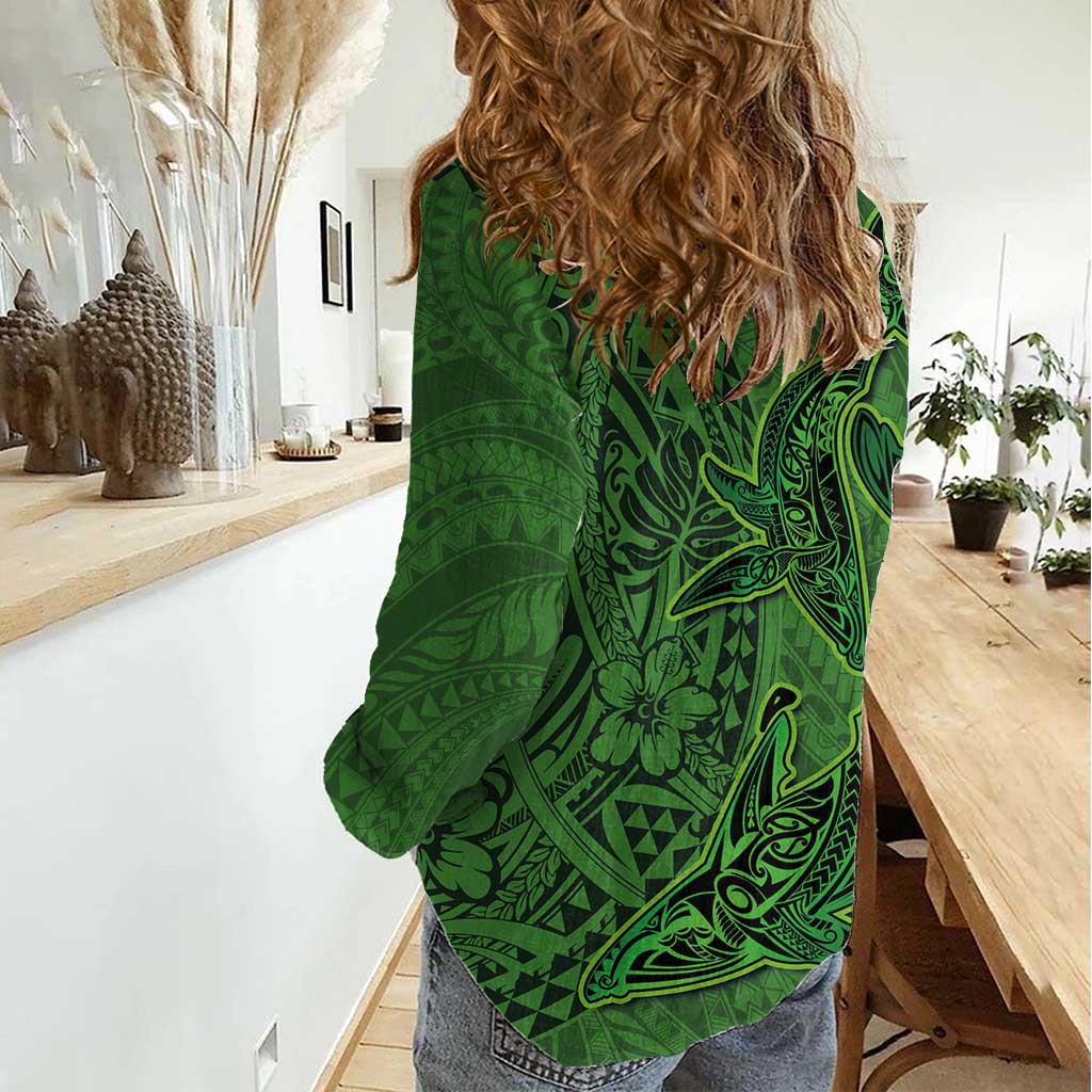 Hawaiian Whales Polynesian Art Motifs Women Casual Shirt Green Color - Polynesian Pride