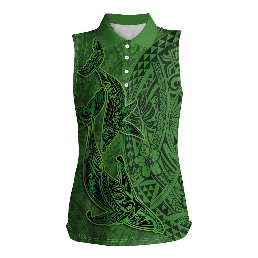 Hawaiian Whales Polynesian Art Motifs Women Sleeveless Polo Shirt Green Color - Polynesian Pride
