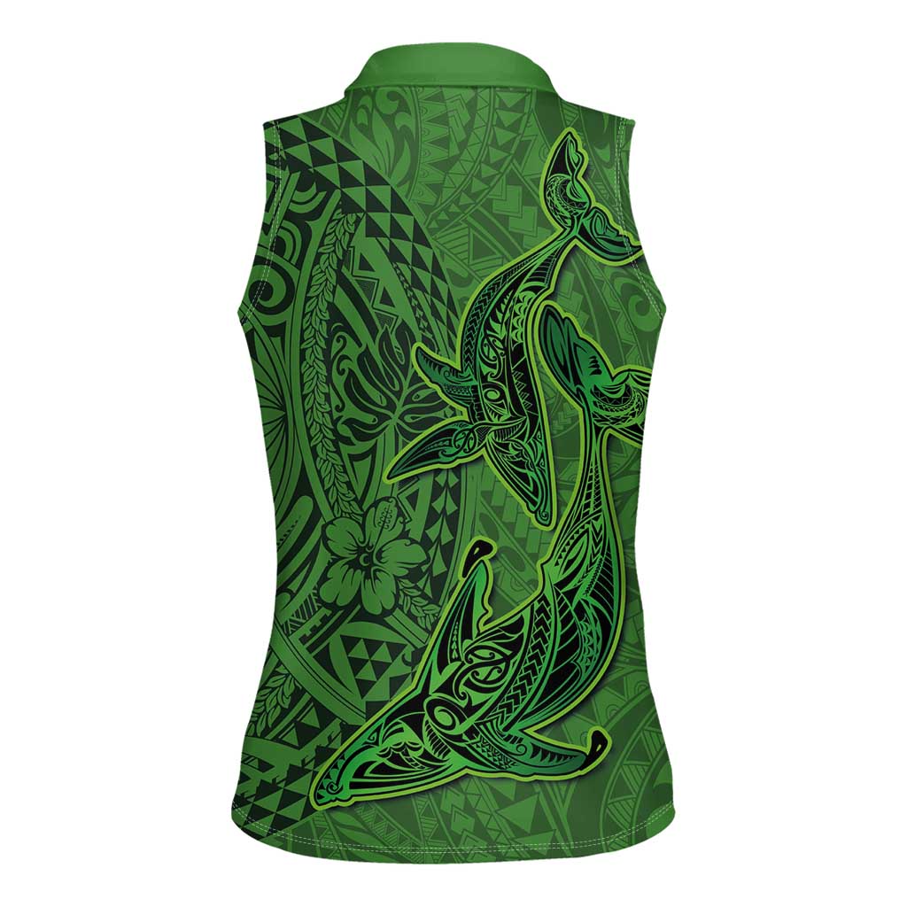 Hawaiian Whales Polynesian Art Motifs Women Sleeveless Polo Shirt Green Color - Polynesian Pride