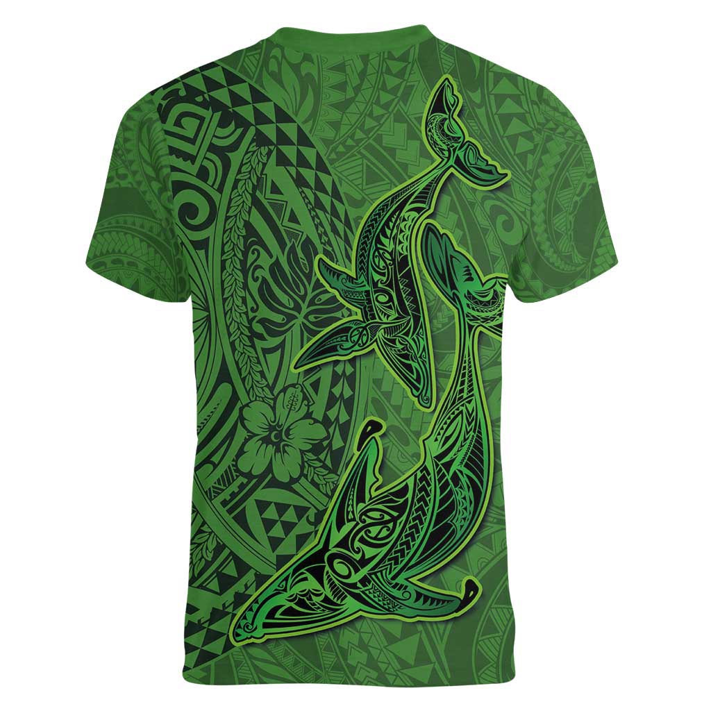 Hawaiian Whales Polynesian Art Motifs Women V-Neck T-Shirt Green Color - Polynesian Pride