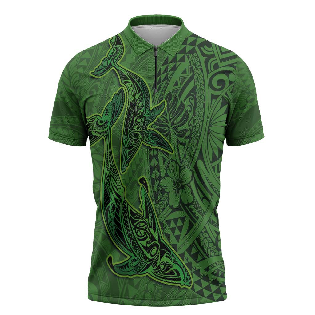Hawaiian Whales Polynesian Art Motifs Zipper Polo Shirt Green Color - Polynesian Pride