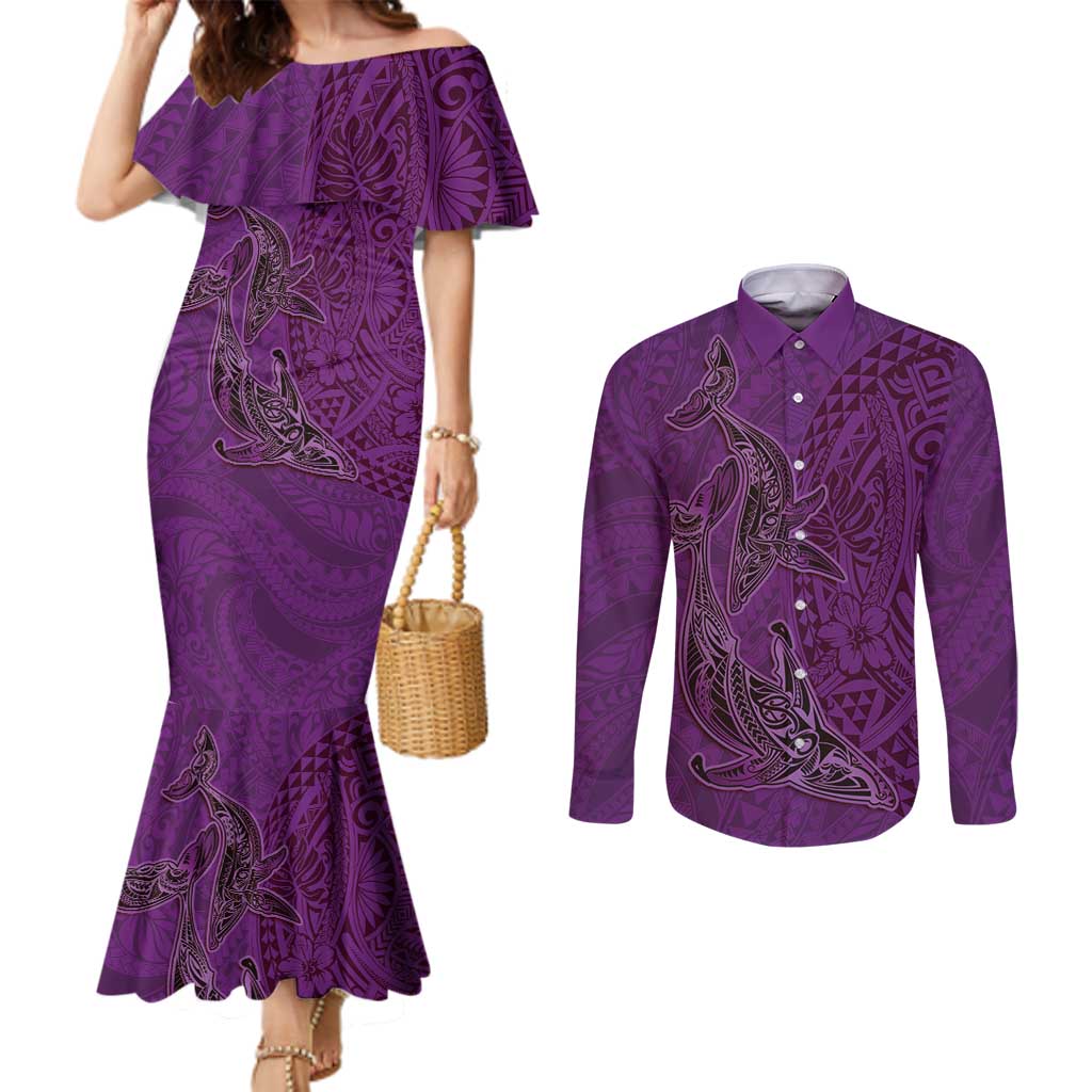 Hawaiian Whales Polynesian Art Motifs Couples Matching Mermaid Dress and Long Sleeve Button Shirt Purple Color - Polynesian Pride