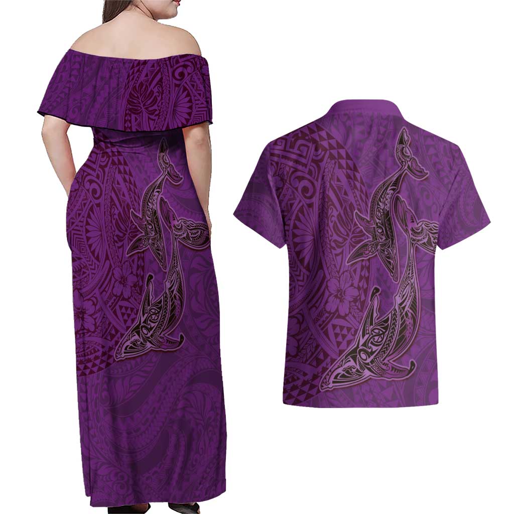 Hawaiian Whales Polynesian Art Motifs Couples Matching Off Shoulder Maxi Dress and Hawaiian Shirt Purple Color LT03 - Polynesian Pride