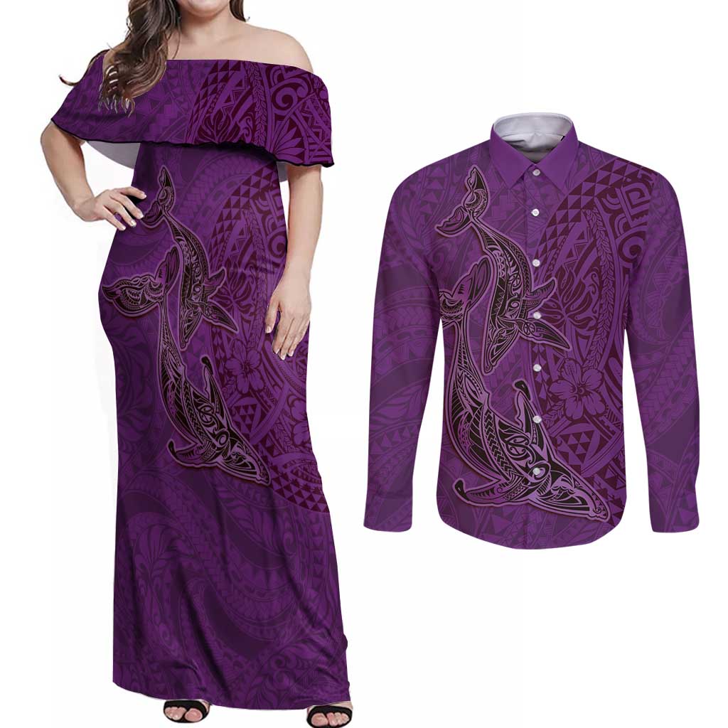 Hawaiian Whales Polynesian Art Motifs Couples Matching Off Shoulder Maxi Dress and Long Sleeve Button Shirt Purple Color - Polynesian Pride