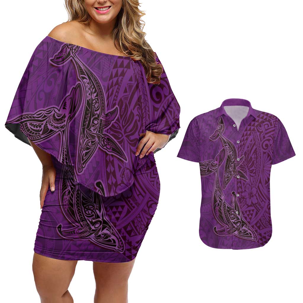 Hawaiian Whales Polynesian Art Motifs Couples Matching Off Shoulder Short Dress and Hawaiian Shirt Purple Color LT03 Purple - Polynesian Pride
