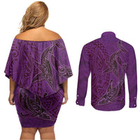 Hawaiian Whales Polynesian Art Motifs Couples Matching Off Shoulder Short Dress and Long Sleeve Button Shirt Purple Color - Polynesian Pride