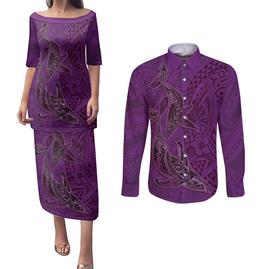 Hawaiian Whales Polynesian Art Motifs Couples Matching Puletasi and Long Sleeve Button Shirt Purple Color - Polynesian Pride