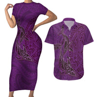 Hawaiian Whales Polynesian Art Motifs Couples Matching Short Sleeve Bodycon Dress and Hawaiian Shirt Purple Color LT03 Purple - Polynesian Pride