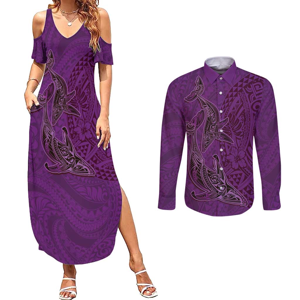 Hawaiian Whales Polynesian Art Motifs Couples Matching Summer Maxi Dress and Long Sleeve Button Shirt Purple Color - Polynesian Pride