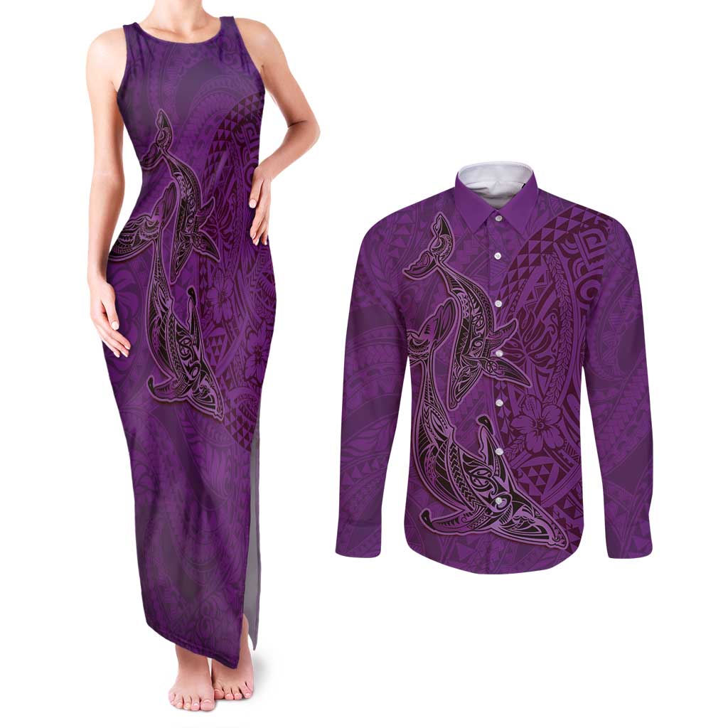 Hawaiian Whales Polynesian Art Motifs Couples Matching Tank Maxi Dress and Long Sleeve Button Shirt Purple Color - Polynesian Pride